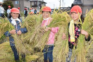 稲穂を手にする児童ら