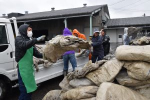 雨のなか、生産者とJA職員らが協力して作業にあたる